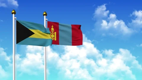 Waving flags of BAHAMAS and MONGOLIA on pole included with alpha Stock Footage 332759697