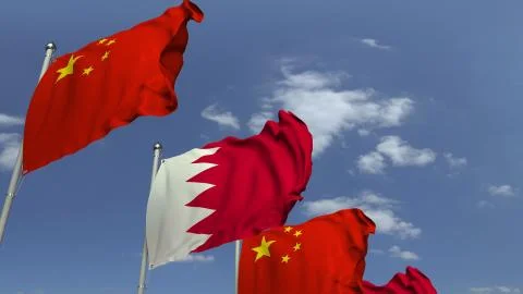Waving flags of Bahrain and China on sky background, 3D rendering Illustrazione stock