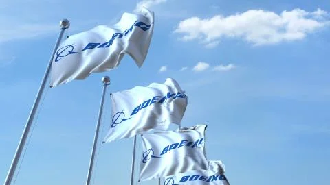 Waving flags with Boeing logo against sky, editorial 3D rendering Stock Illustration
