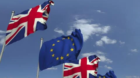 Waving flags of Britain and the EU on sky background, 3D rendering Illustrazione stock