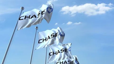 Waving flags with Chase logo against sky, editorial 3D rendering Stockillustratie