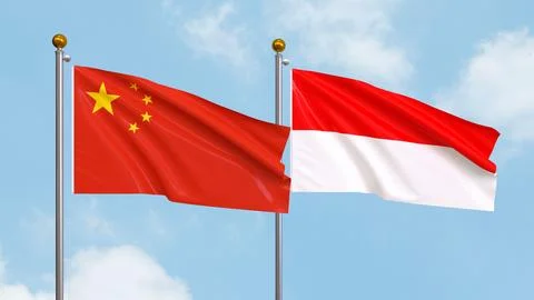 Waving flags of China and Indonesia on sky background. Illustrating Interna.. Stock Illustration