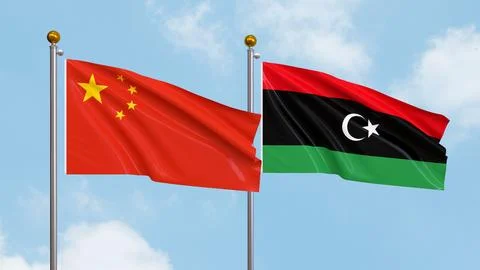 Waving flags of China and Libya on sky background. Illustrating Internation.. Stock Illustration