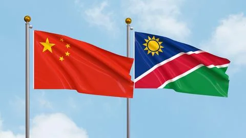 Waving flags of China and Namibia on sky background. Illustrating Internati.. Stock Illustration