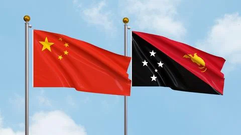 Waving flags of China and Papua New Guinea on sky background. Illustrating .. Stock Illustration