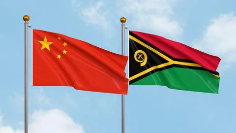 Waving flags of China and Vanuatu on sky background. Illustrating Internati.. Stock Illustration