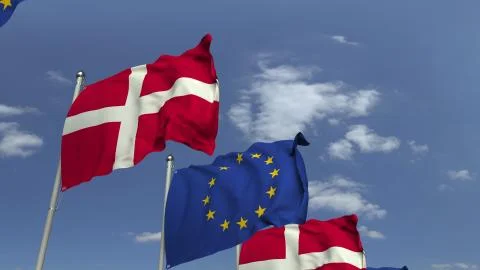 Waving flags of Denmark and the EU on sky background, 3D rendering Stock Illustration