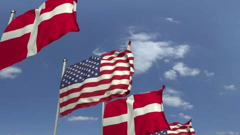 Waving flags of Denmark and the USA on sky background, 3D rendering Illustrazione stock