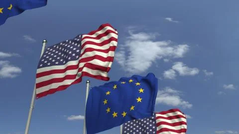 Waving flags of the EU and the USA on sky background, 3D rendering Stock Illustration