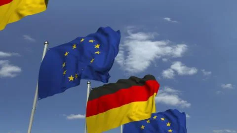 Waving flags of Germany and the EU on sky background, 3D rendering Stock Illustration