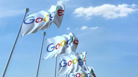 Waving flags with Google logo against sky, editorial 3D rendering Stock Illustration