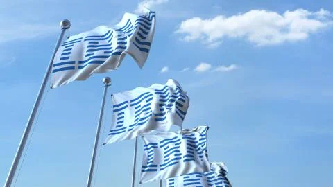 Waving flags with IBM logo against sky, editorial 3D rendering Illustrazione stock