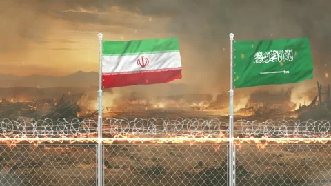 Waving flags of Iran and Saudi Arabia against backdrop of burning war zone .. Stockbeeldmateriaal 341618474