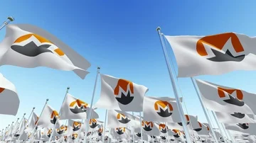Waving Flags with Monero open-source crypto currency coin sign Stock Footage 85511271