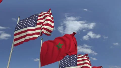 Waving flags of Morocco and the USA on sky background, 3D rendering Illustrazione stock