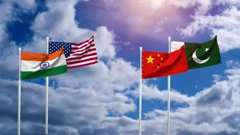 Waving flags representing India, the USA, China, and Pakistan against a blue sky Stock Footage 334925586