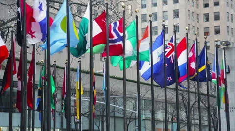 Waving Flags at Rockefeller Center, New York Stock Footage 24370103