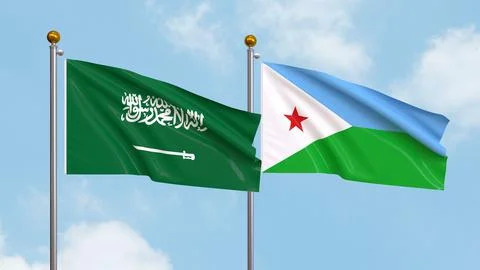 Waving flags of Saudi Arabia and Djibouti on sky background. Illustrating Int Stock Illustration