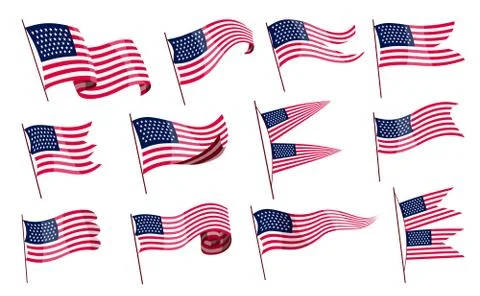 Waving flags. Set of american flags on white background. National flags waving Stock Illustration