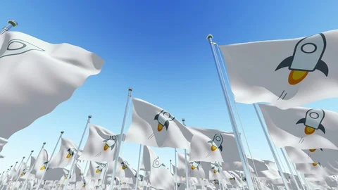 Waving Flags with Stellar crypto currency rocket sign Stock Footage 85896313