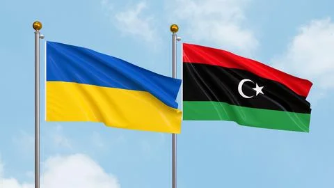 Waving flags of Ukraine and Libya on sky background. Illustrating Internati.. Stock Illustration