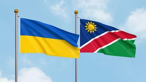 Waving flags of Ukraine and Namibia on sky background. Illustrating Interna.. Stock Illustration