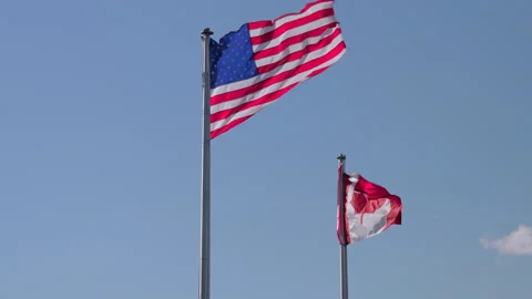 Waving Flags of the USA and Canada Beautifully Against a Clear Blue Sky Stock Footage 313376505