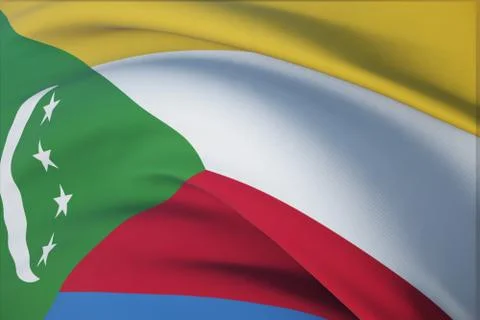 Waving flags of the world - flag of Comoros. Closeup view, 3D illustration. 스톡 일러스트