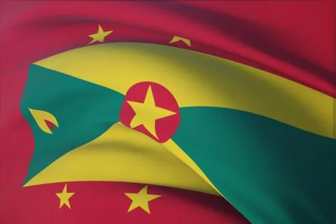 Waving flags of the world - flag of Grenada. Closeup view, 3D illustration. Illustrazione stock