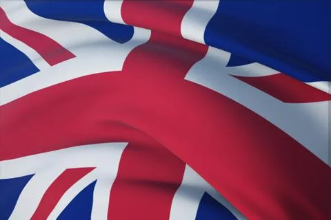 Waving flags of the world - flag of UK. Closeup view, 3D illustration. Illustrazione stock