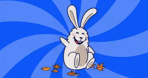 Waving floppy-eared cartoon rabbit smiling against blue spiral backdrop, with Stock Illustration