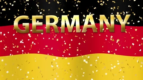 Waving Germany Flag with Golden Text and Falling Confetti Animation Stock Footage 346571001