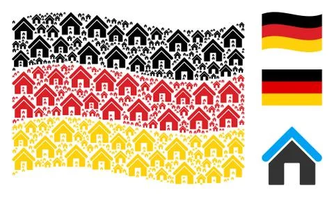 Waving Germany Flag Pattern of Home Icons Stock Illustration