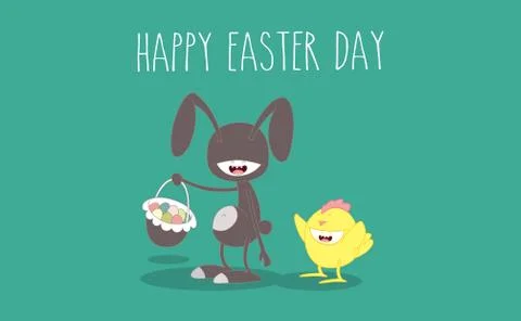 Waving Gray Bunny With Easter Eggs And Basket. Raster Illustration.Vector Stock Illustration