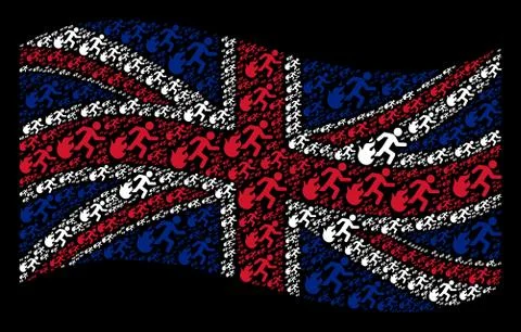 Waving Great Britain Flag Pattern of Fired Running Man Items Stock Illustration