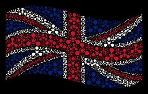 Waving Great Britain Flag Pattern of WMD Nerve Agent Chemical Warfare Icons Stock Illustration