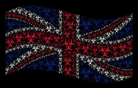 Waving Great Britain Flag Pattern of Biohazard Items Stock Illustration