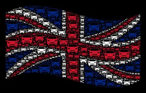 Waving Great Britain Flag Pattern of Car Icons Stock Illustration