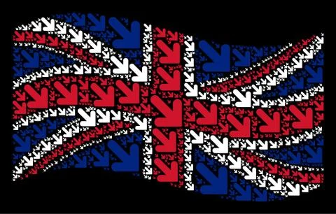 Waving Great Britain Flag Pattern of Arrow Down Right Items Stock Illustration