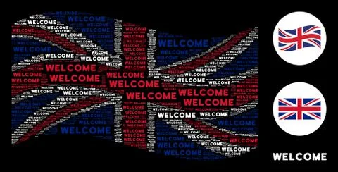 Waving Great Britain Flag Pattern of Welcome Text Items Stock Illustration