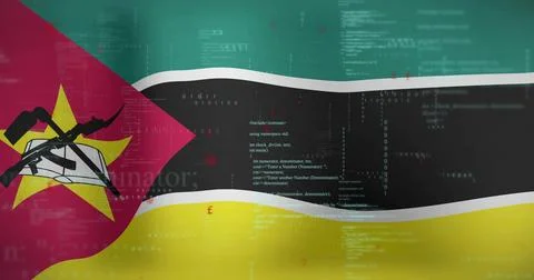 Waving Mozambique flag displaying binary code in cyber backdrop, with rifle hoe Stock Illustration