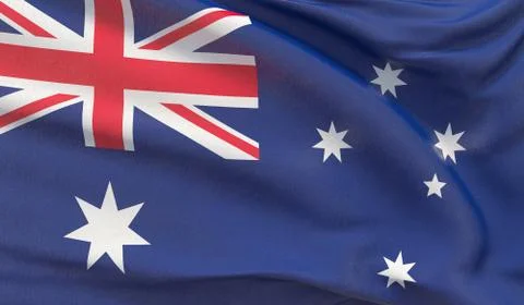 Waving national flag of Australia. Waved highly detailed close-up 3D render. Ilustração Stock