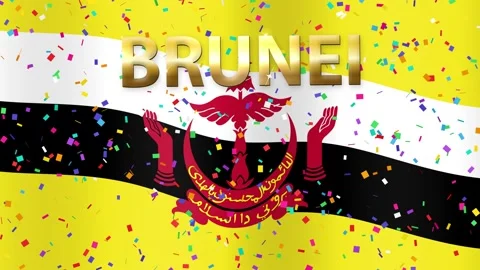 Waving National Flag of Brunei with Falling Confetti and Gold Text Stock Footage 342316140