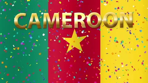 Waving National Flag of Cameroon with Falling Confetti and Gold Text Stock Footage 342210014