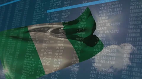 Waving Nigerian flag over animation of digital data and coding background Stock Footage 303554053