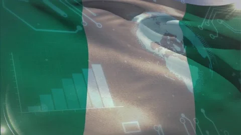 Waving Nigerian flag rippling from initial crease shift, projecting globe and UI 動画素材 329533455