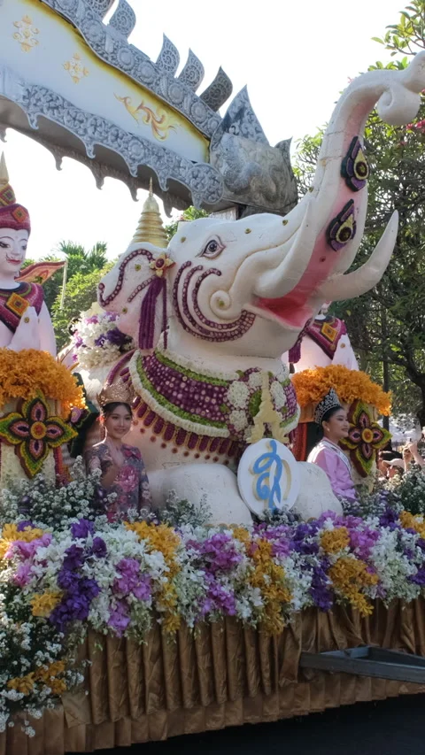 Waving performers on flower float during parade Stock-Footage 347124626
