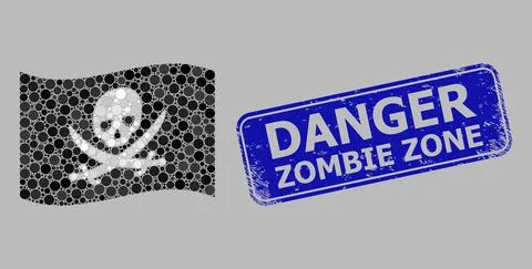 Waving Pirate Flag Composition of Round Pixels and Distress Danger Zombie Zone 库存插图