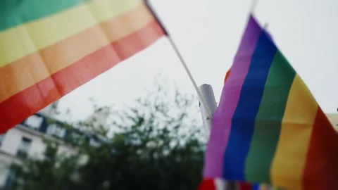 Waving rainbow pride flags at an lgbtq+ parade Stock Footage 346990230