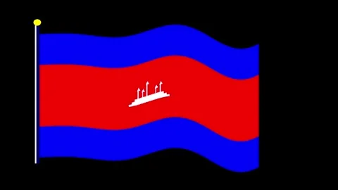 Waving Red Blue Flag with White Emblem on Pole Against Black Background Cin.. Stock Footage 345321024